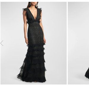 Sachin & Babi Serafina Ruffle-Trim Deep V Neck Lace Gown